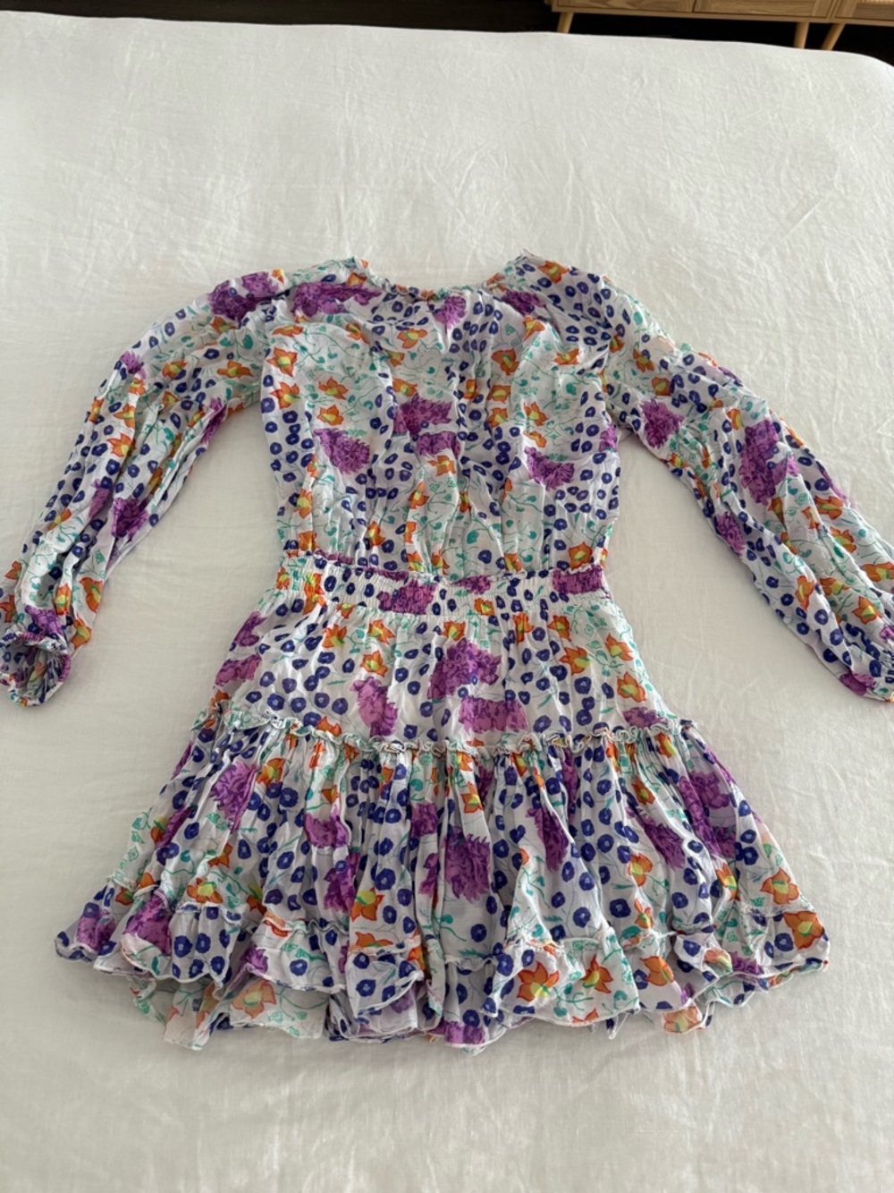 Oliphant Floral Ruffle Long-Sleeve Dress in Purple, Orange and Blue